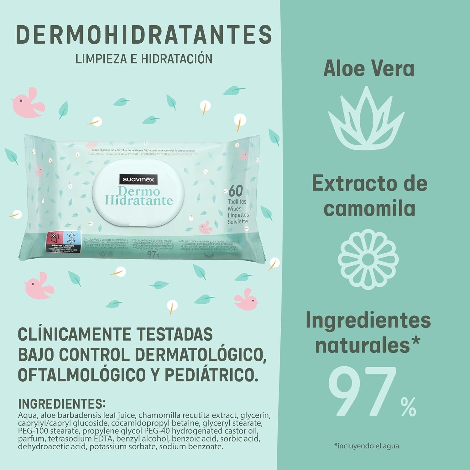 Suavinex 14 Pack de 60 lingettes humides pour bébé (840 lingettes au total), hydratantes, adaptées aux peaux atopiques, 95% d'ingrédients naturels
