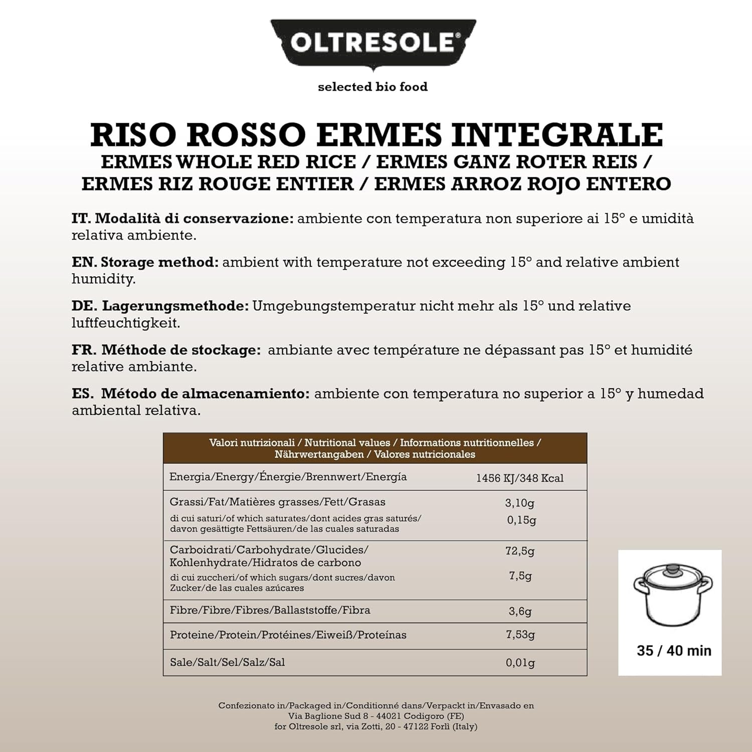 Riz italien à grains entiers, riz non raffiné à haute teneur en fibres, idéal pour les salades de riz créatives et les plats sains, emballé sous vide, 4 paquets x 500 g