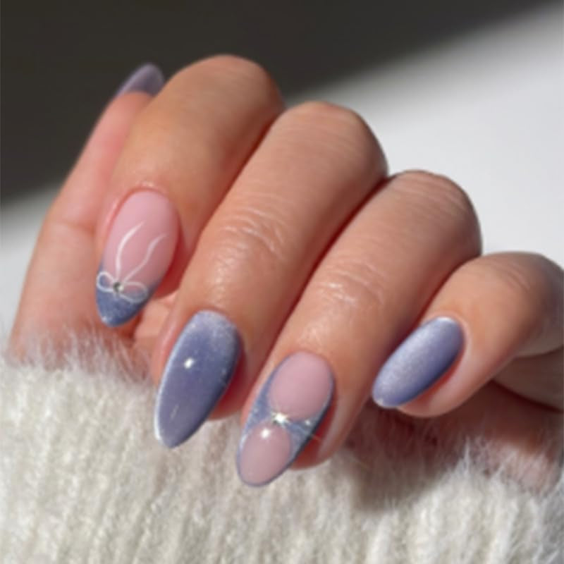 Moonglow Faux Ongles Magnétiques Courts, Rose Amande Rouge Dégradé Paillettes Oeil de Chat avec Colle, Rose Rouge Ombre Paillettes Photothérapie Ongles Artificiels pour Femmes et Filles