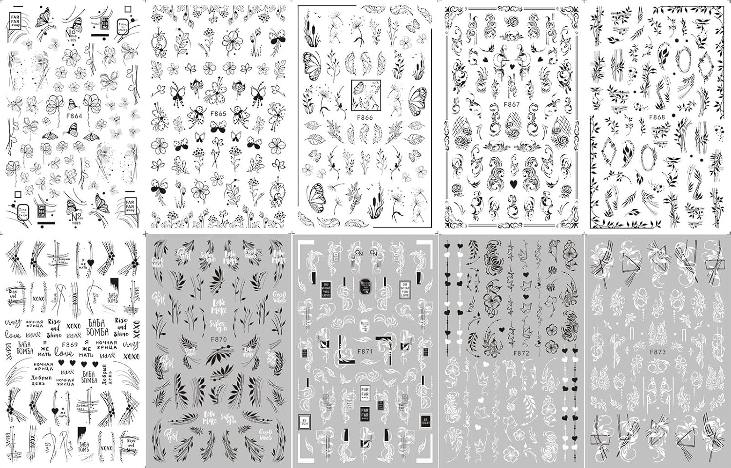 JMEOWIO Nagelsticker Blumen 10 Blatt Nagelaufkleber Selbstklebend Noir Blanc Fleur Nail Art Autocollant Décoration Nageldesign Zubehör