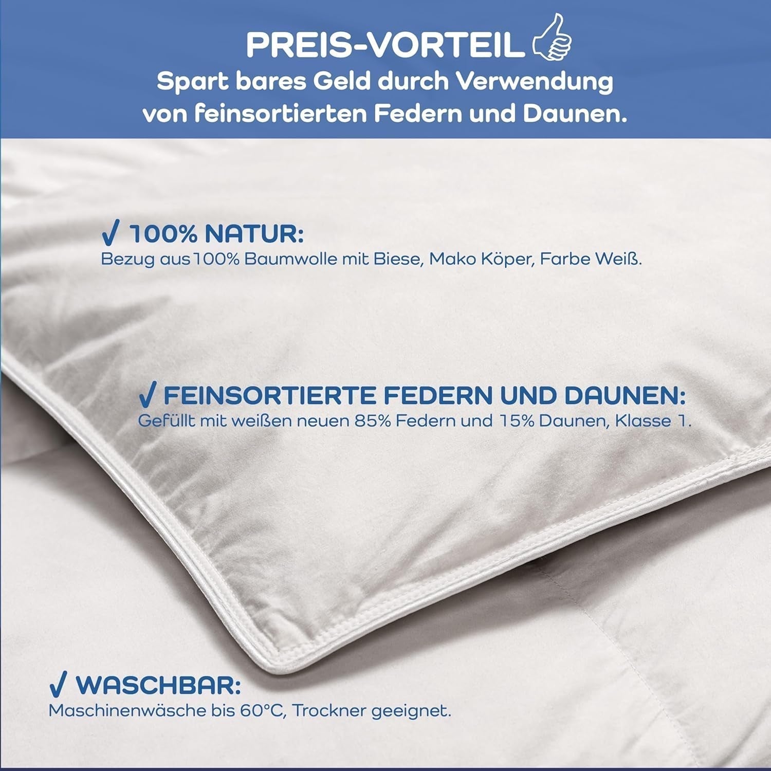 Couette Allnights Couette moyenne 135 x 200 100 % plumes et duvet neufs, hypoallergénique, lavable jusqu'à 60 °C, fabriquée en Allemagne, couettes et couettes blanches Naty Shop