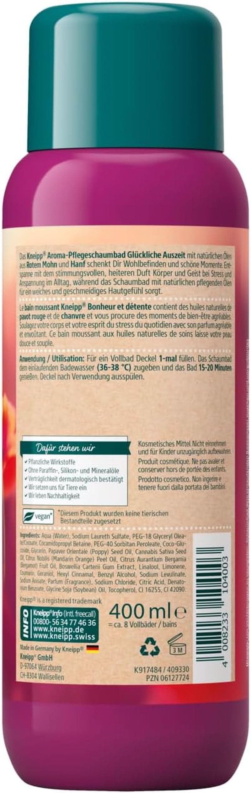 Kneipp Aroma, mousse de soin pour le bain Happy Time Out - aux huiles naturelles de coquelicot rouge et de chanvre, 400 ml Naty Shop