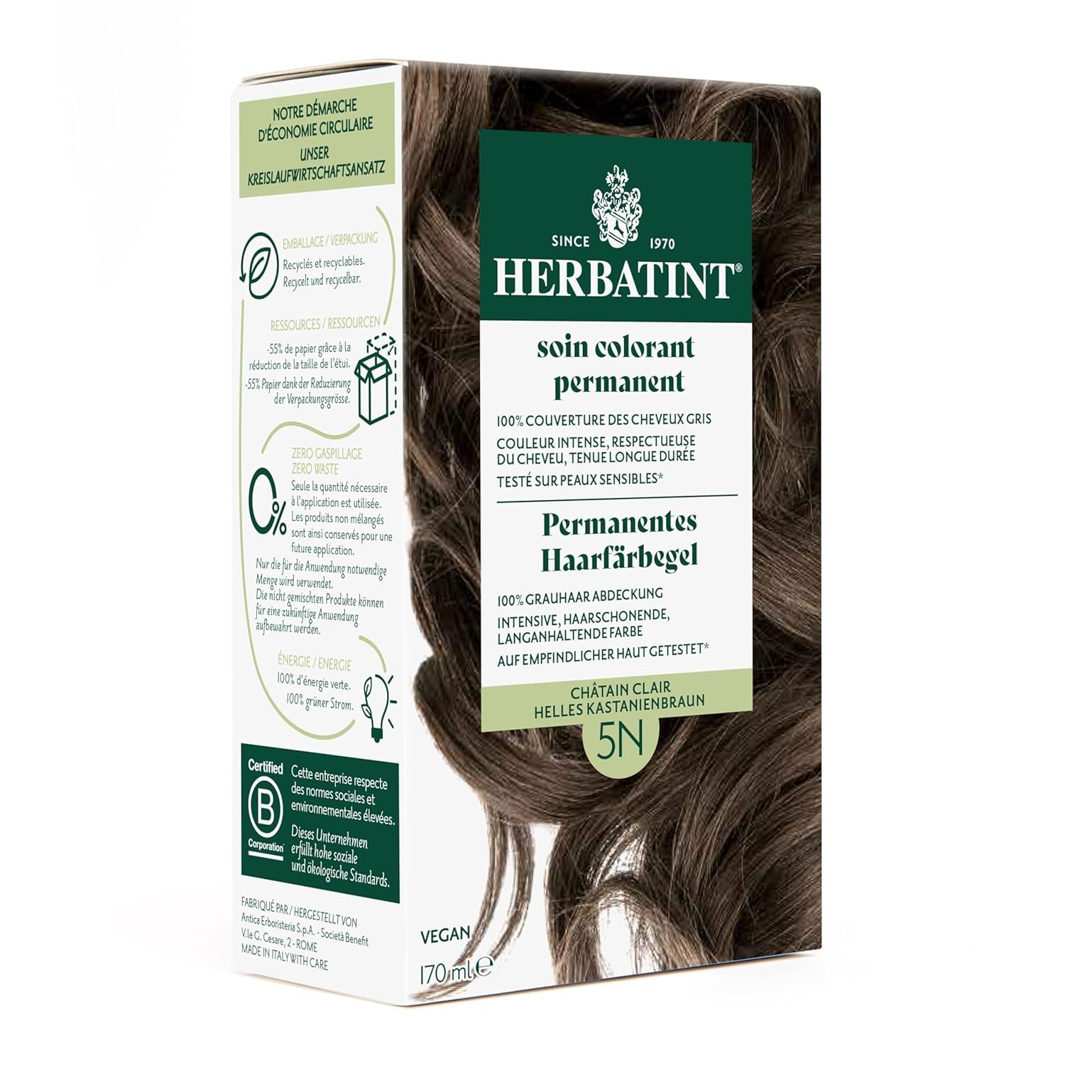 Gel colorant capillaire permanent 6N Blond foncé - 170 ml I Sans ammoniaque, couverture à 100% des cheveux gris I Testé sur peaux sensibles, aux 8 extraits végétaux Teinture capillaire Naty Shop 5N Châtain clair