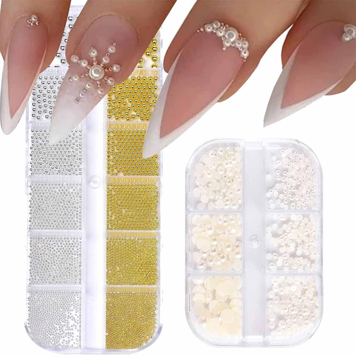 GZMAYUEN Nail Art Perles Micro Caviar pour Nägel, 0.3-3Mm Argent Doré Mini Caviar Strasssteine, Weiß Beige Mini Nägel Perlen Microperlen Décoration pour Nägel