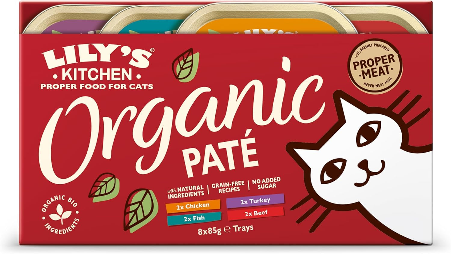 Lily's Kitchen Nourriture humide pour chat adulte avec ingrédients naturels, paquet multi-plateaux, biologique, sans grains, 4 x (8 x 85 g)