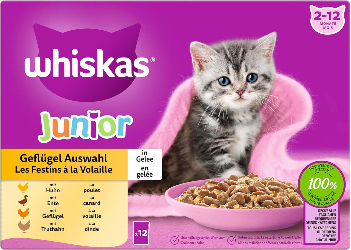 WHISKAS Junior Sachets de nourriture humide, multipack, sélection de viande de volaille en gelée, 12 x 85 g