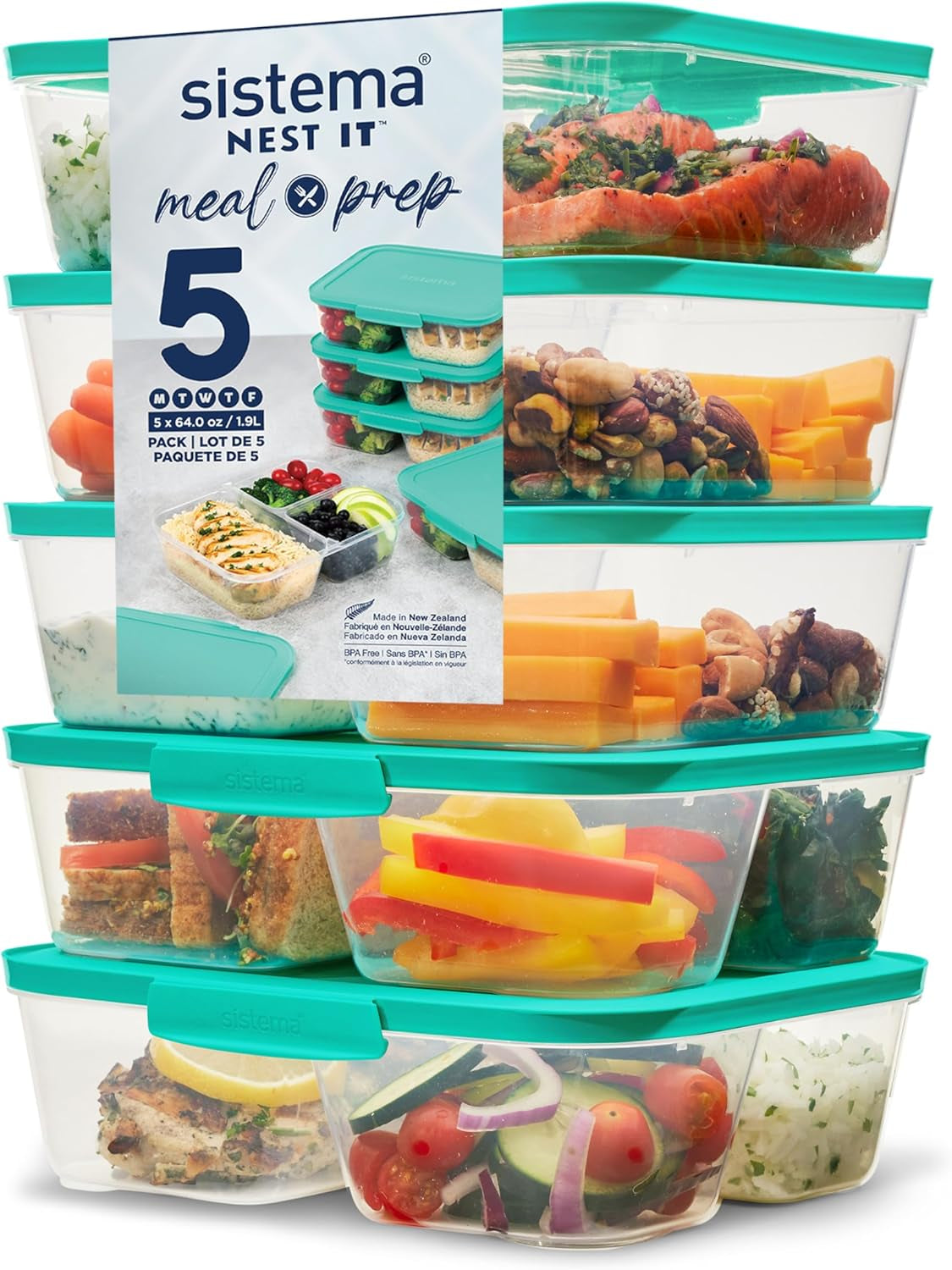 Conteneurs de stockage de nourriture du système Nest IT Boîtes de préparation de repas | Récipients de stockage hermétiques de 1,9 litre avec TROIS compartiments et couvercles | Sans BPA | Vert | 5 pièces Naty Shop boîtes de conservation alimentaire 5 X 1,9 LITRES