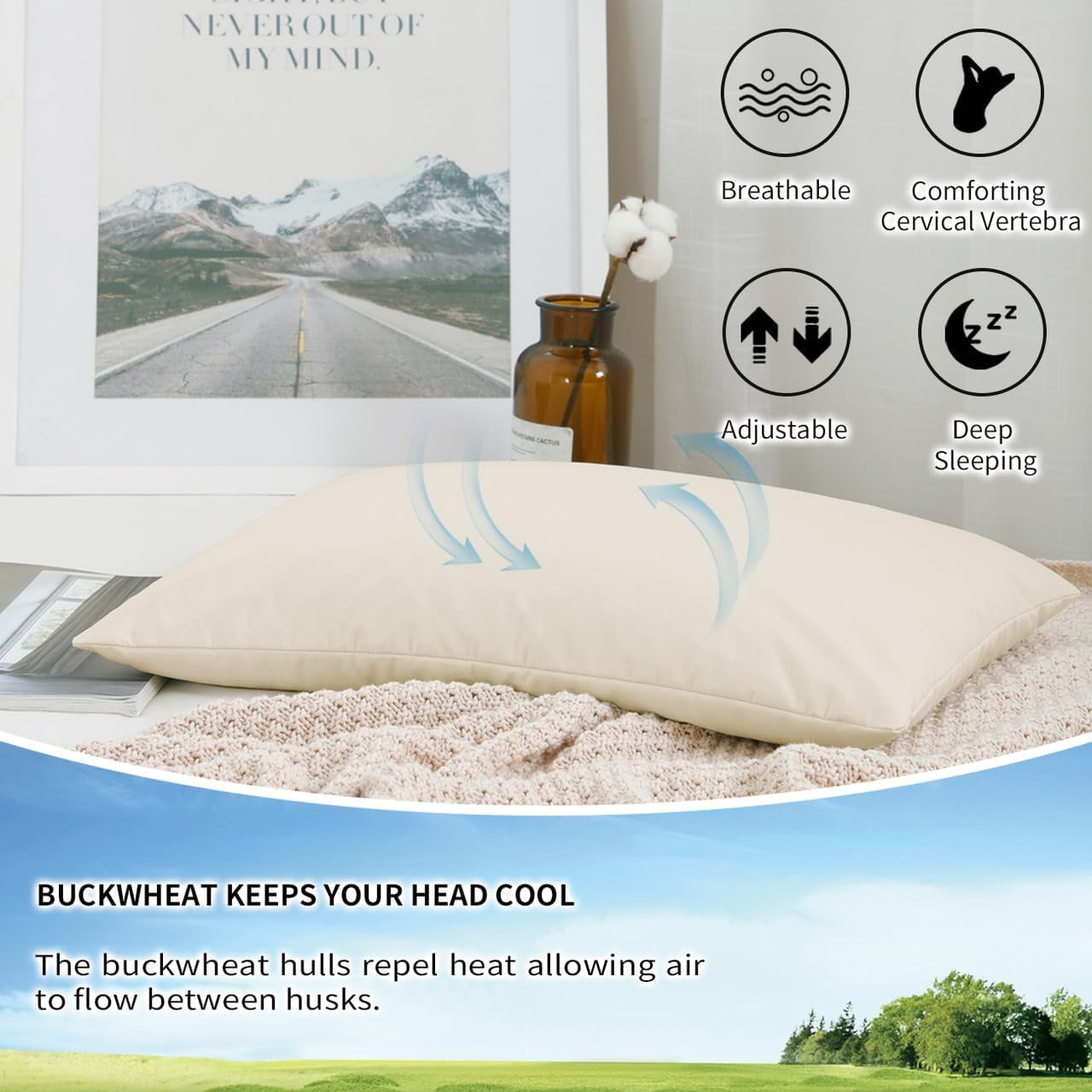 Oreiller de couchage en sarrasin biologique LOFE 14" X 20" Soutien cervical réglable et respirant pour dormir frais pour les dormeurs sur le dos et sur le côté (coques de sarrasin tartare) Naty Shop Oreillers standard