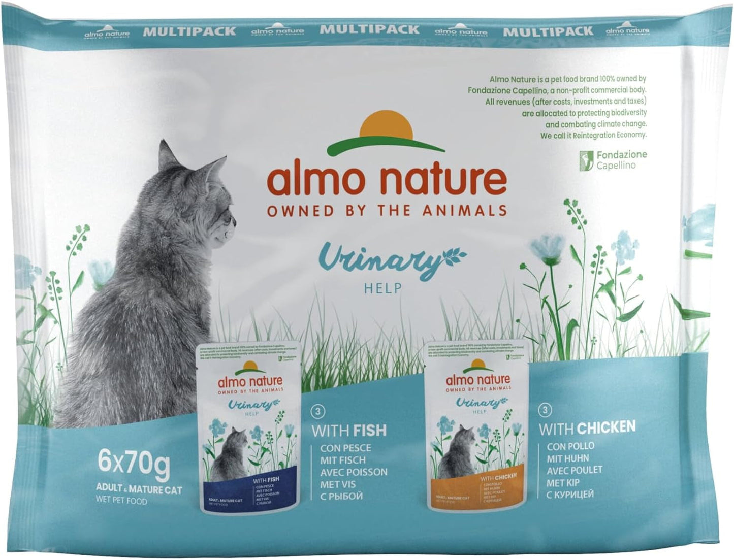 Almo Nature Functional Urinary Help - Nourriture humide pour chat adulte au goût de poisson et de poulet - Favorise la santé des voies urinaires - 6 sachets de 70 g chacun