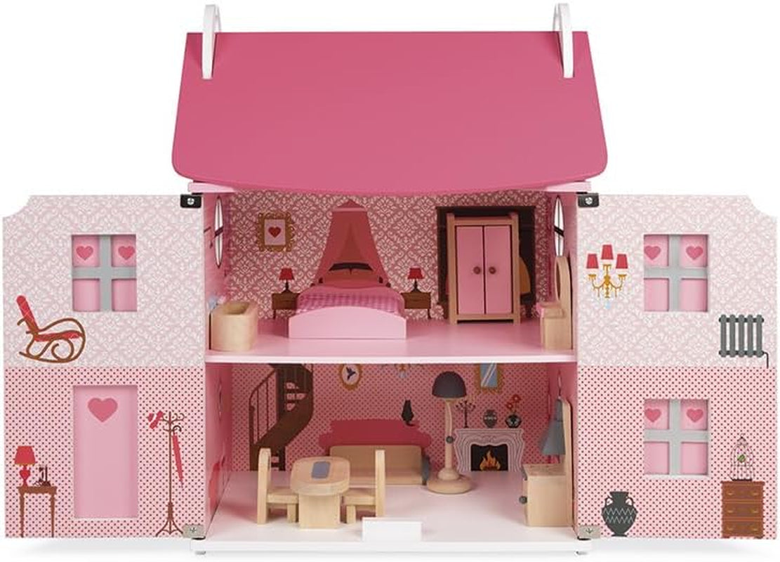 Janod - Maison de poupée en bois Mademoiselle, 3 étages et 11 accessoires, réplique de jouet, développe l'imagination, à partir de 3 ans, J06581, rose Naty Shop Dollhouses