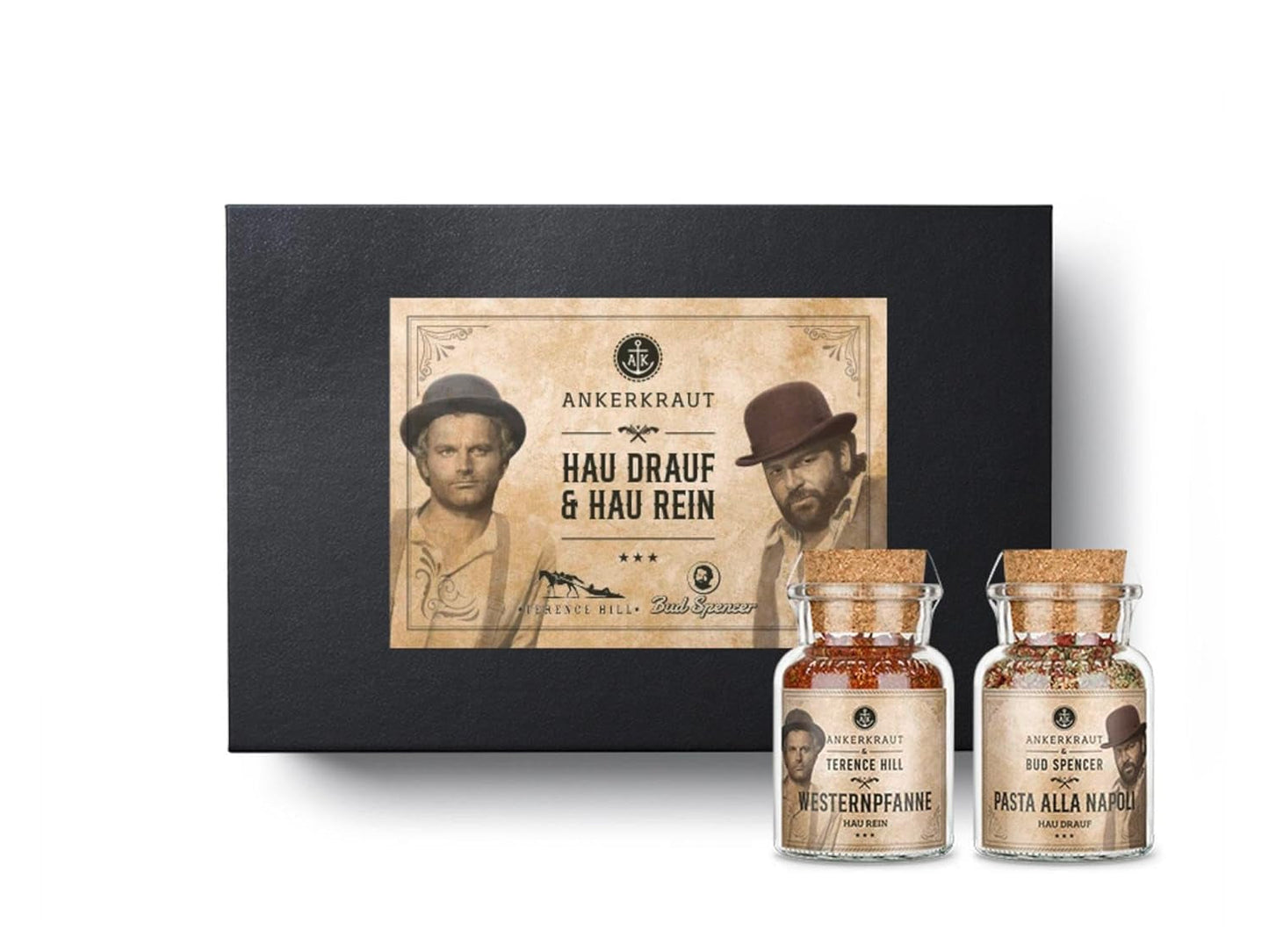 Ankerkraut Bud Spencer & Terence Hill Bagaluten Gewürz-Box, avec Westernpfanne et Pasta alla Napoli, Geschenk-Set, lecker kochen, 195 g Gewürze Inhalt