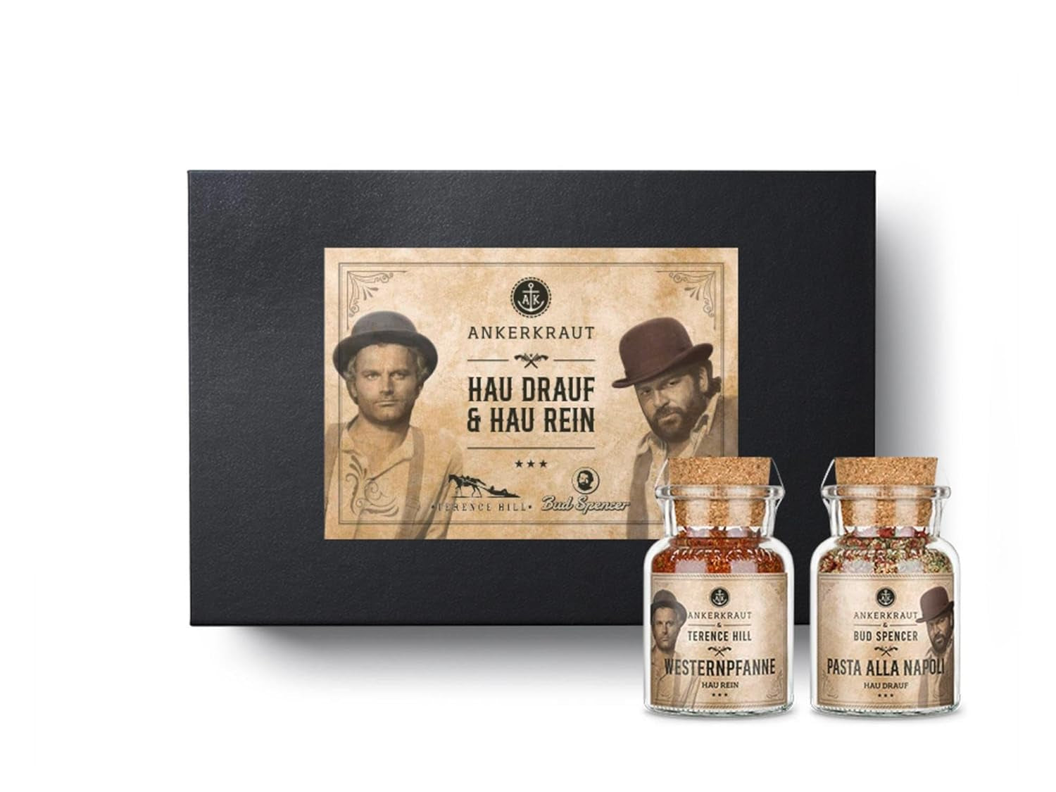 Ankerkraut Bud Spencer & Terence Hill Bagaluten Gewürz-Box, avec Westernpfanne et Pasta alla Napoli, Geschenk-Set, lecker kochen, 195 g Gewürze Inhalt