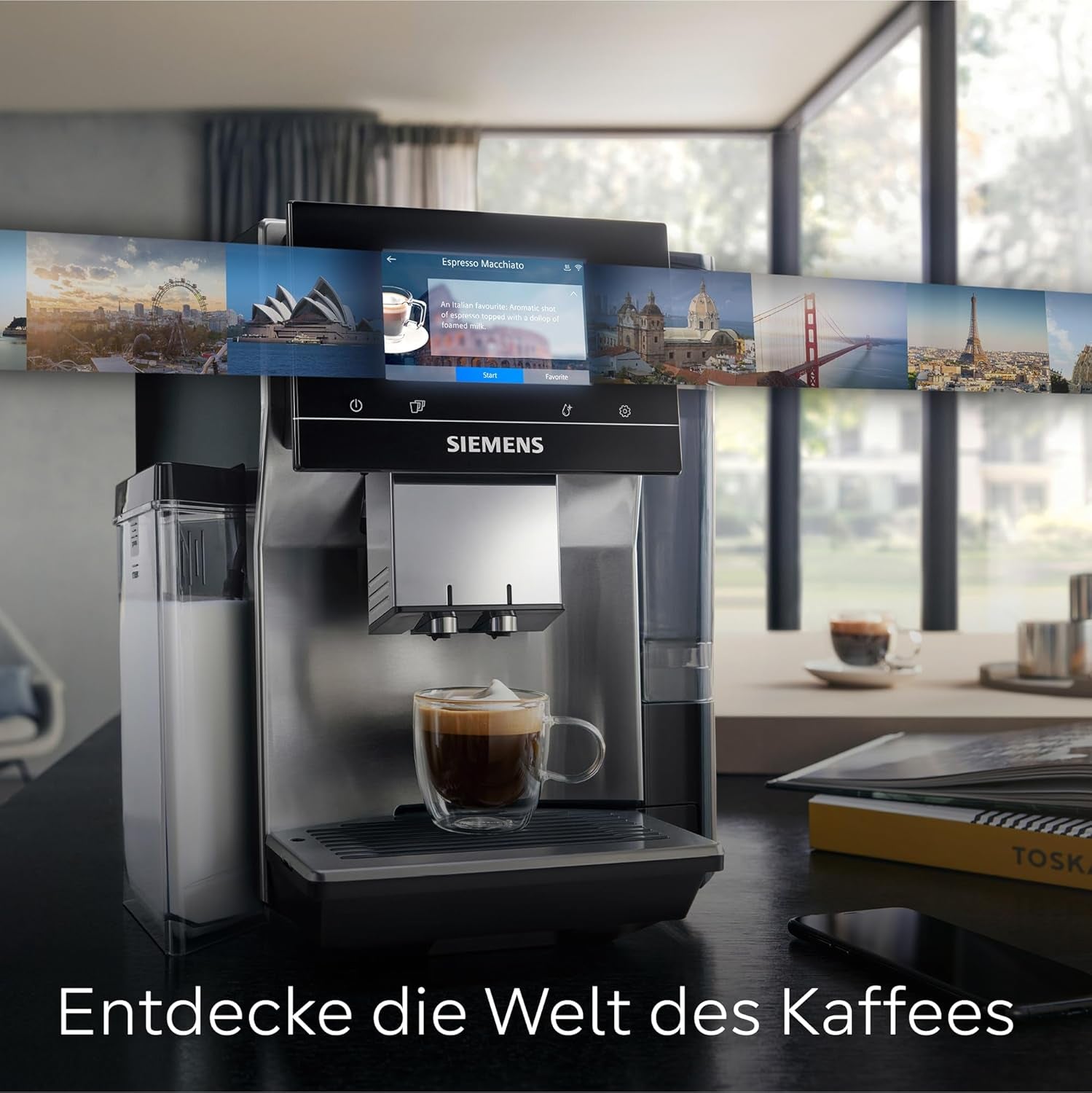 Machine à expresso entièrement automatique Siemens EQ700, grand écran TFT couleur, 36 boissons chaudes et froides, infusion froide, fonction 2 tasses, contrôle par application, système de nettoyage automatique, acier inoxydable noir, TQ717D03