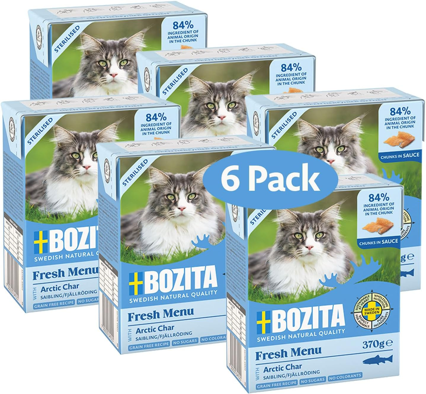 Bozita Tetra Morceaux stérilisés à la sauce au charbon de bois - 6 x 370g Nourriture humide pour chat sans céréales et sans sucre - sans OGM, avec 8,5% de protéines et 4,5% de matières grasses - de haute qualité et extrêmement savoureuse