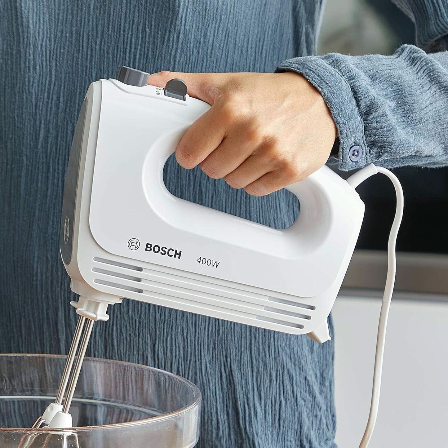 Bosch Hausgeräte Handrührer Clevermixx MFQ24200, 2 Rührbesen, 2 Spülmaschinengeeignet, 4 Stufen, Leicht, Leise, 400 W Blanc/Edelstahl Cuisine Naty Shop