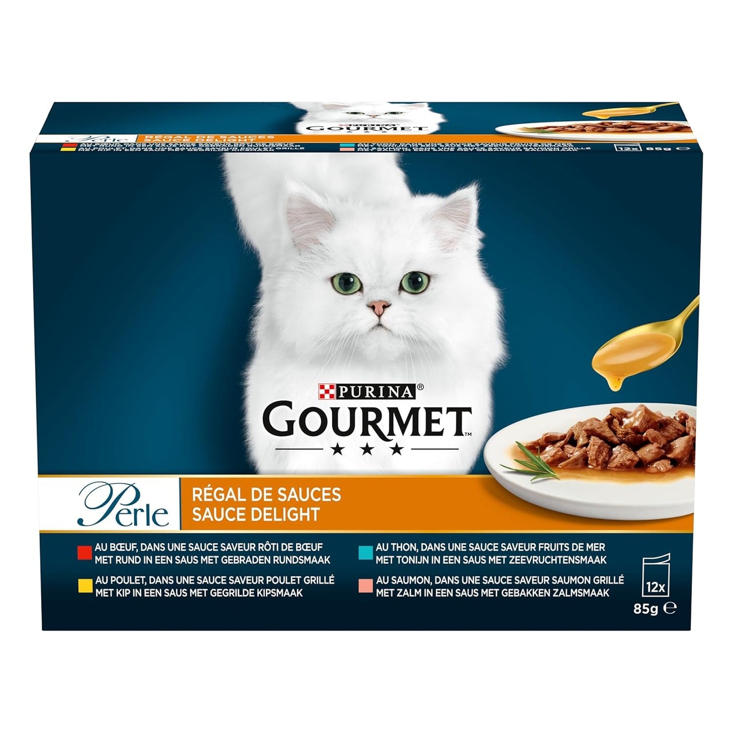 Perle | Porte-sauce | Chat adulte | Boeuf, Poulet, Thon, Saumon | 12x85g | Sachets fraîcheur (l'emballage peut varier)