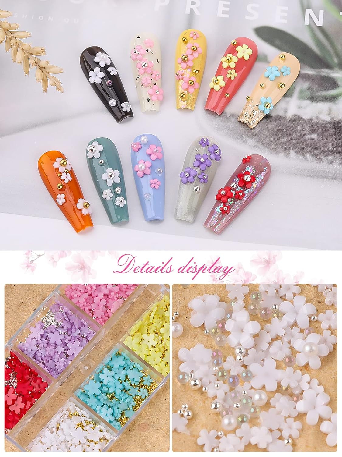 Kalolary Breloques pour nail art en forme de fleurs en acrylique 3D pour ongles, cinq pétales, ornements floraux, pierres précieuses, strass, perles métalliques mélangées pour bricolage, conception de nail art, fabrication de bijoux (2 boîtes)