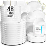 Service de table en porcelaine Crystal 48 pièces, gagnant du test, service de table en porcelaine transparente, bols et assiettes, service de table pour 12 services de table Pure Living en blanc