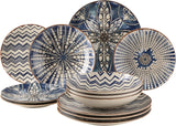 MÄSER 934017 Service de table ibérique bleu pour 4 personnes, 12 pièces, style mauresque, différents designs vintage en blanc et bleu, céramique