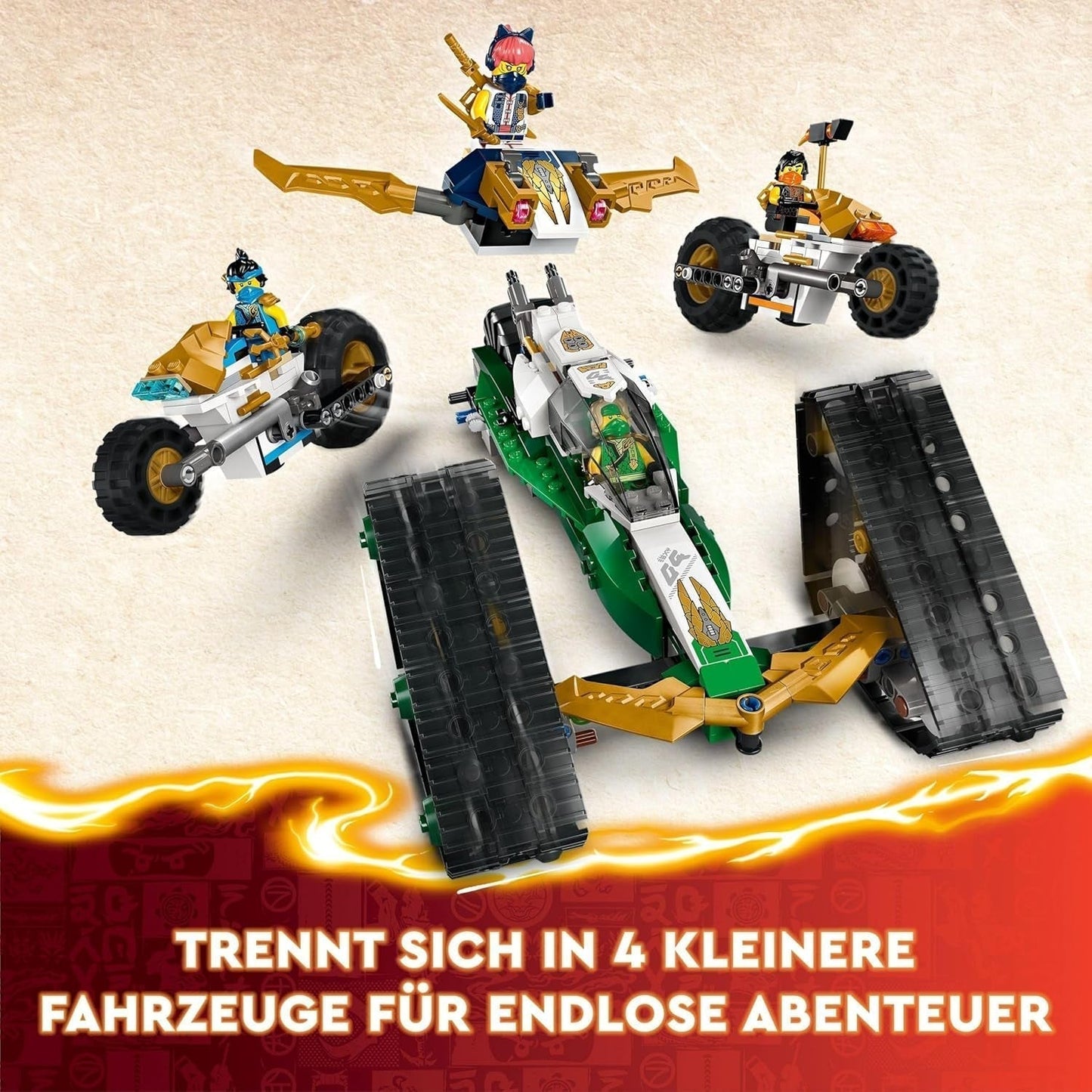 LEGO NINJAGO Ninja Team Combi Caterpillar 4 en 1 avec planeur, voiture de course et 2 motos et 6 figurines Cadeau pour garçons et filles Ninja Toy 71820 Jeux de construction Besuche den LEGO-Store