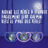 Sucettes NUK Space Night, 0-6 mois, très grandes fentes d'aération, phosphorescentes, silicone sans BPA, renard et coccinelle, paquet de 2