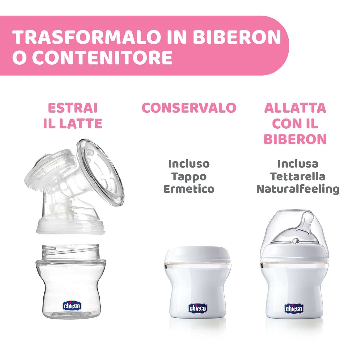 Tire-lait électrique Chicco avec phases de stimulation et d'extraction, 10 niveaux d'intensité, confortable et rapide, forme ergonomique, avec tétine inclinée et capuchon étanche, blanc, 150 ml Accessoires Alimentation et Allaitement Bebe Naty Shop