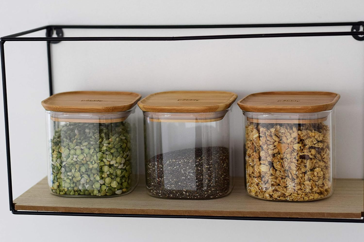Lot de 3 récipients carrés en verre avec couvercle en bambou - 800 ml, verre borosilicate, bambou, silicone, naturel, 11 x 11 x 11 cm Boîtes de conservation alimentaire Naty Shop
