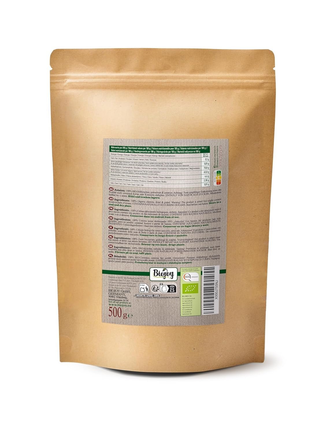 Cerises douces séchées Biojoy (500 g), dénoyautées et sans soufre Produits déshydratés Naty Shop