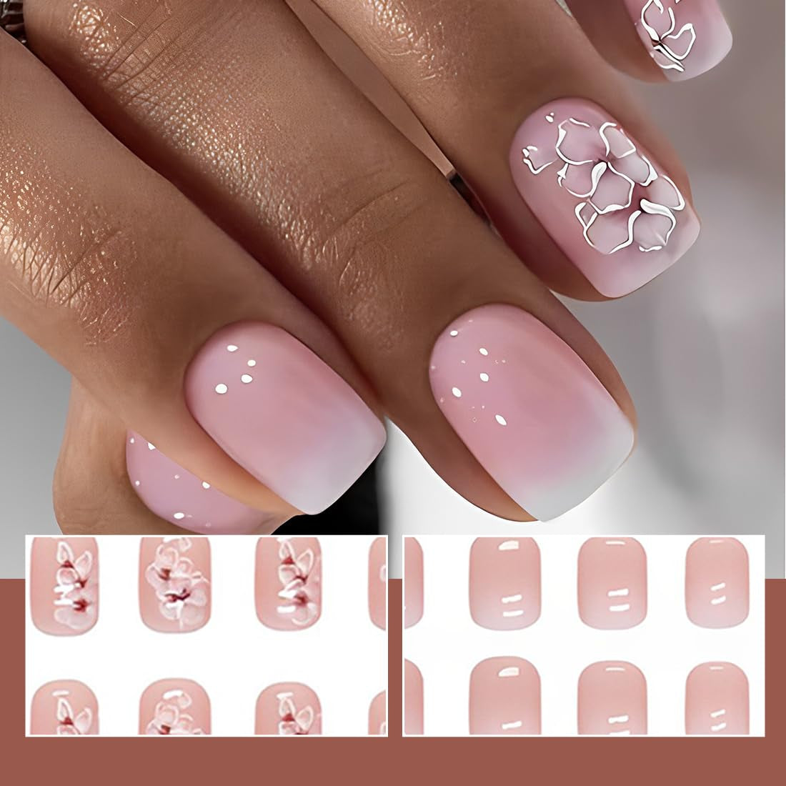 24pcs colle carrée blanche sur les ongles courts motif floral dégradé rose presse sur les ongles ongles artificiels faux ongles art ongles carrés français ongles artificiels pour les femmes