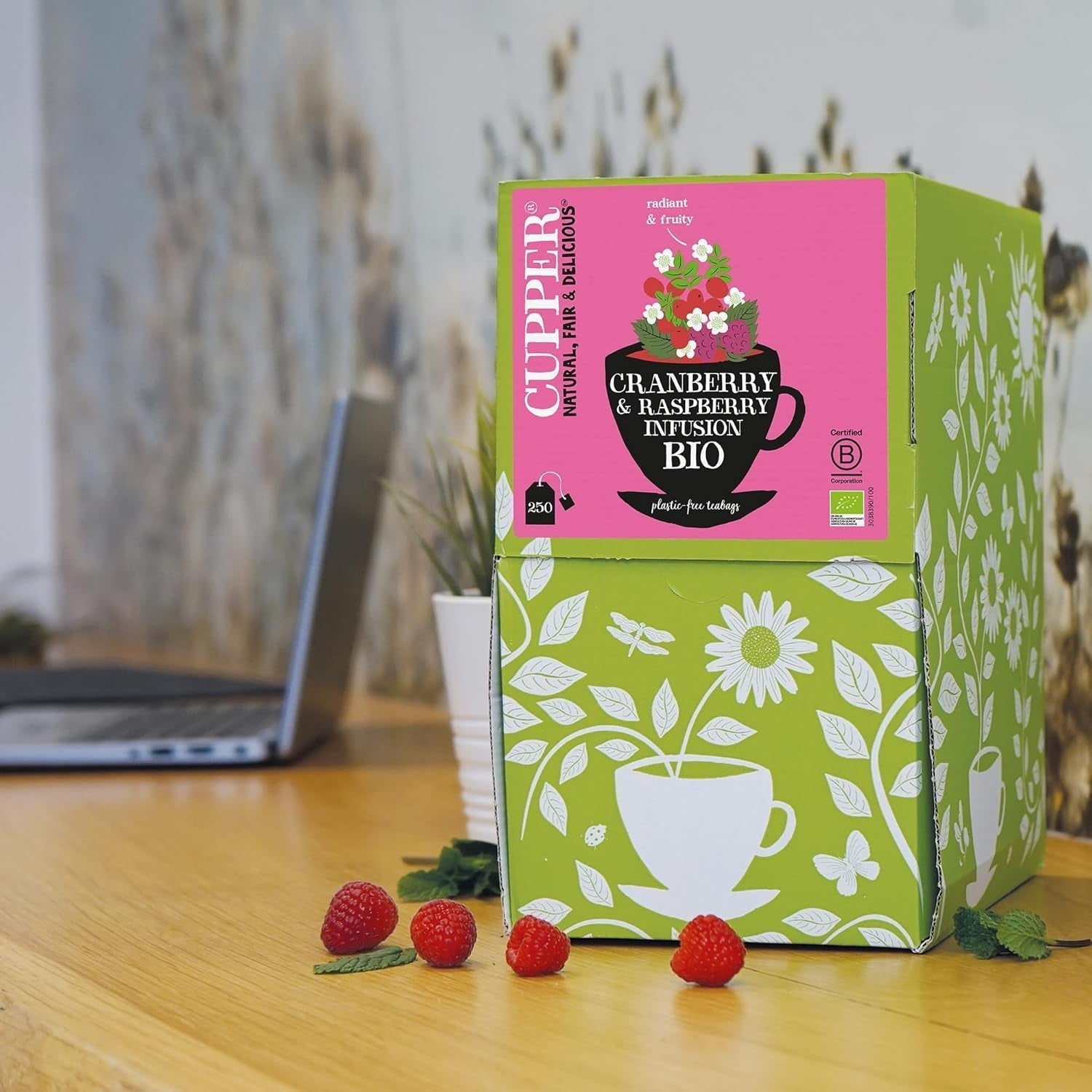Cupper Thé aux fruits bio Canneberge Framboise | Thé à la framboise | 250 sachets de thé non blanchis | Grand paquet | Parfait pour le bureau | Écologique | Commerce équitable