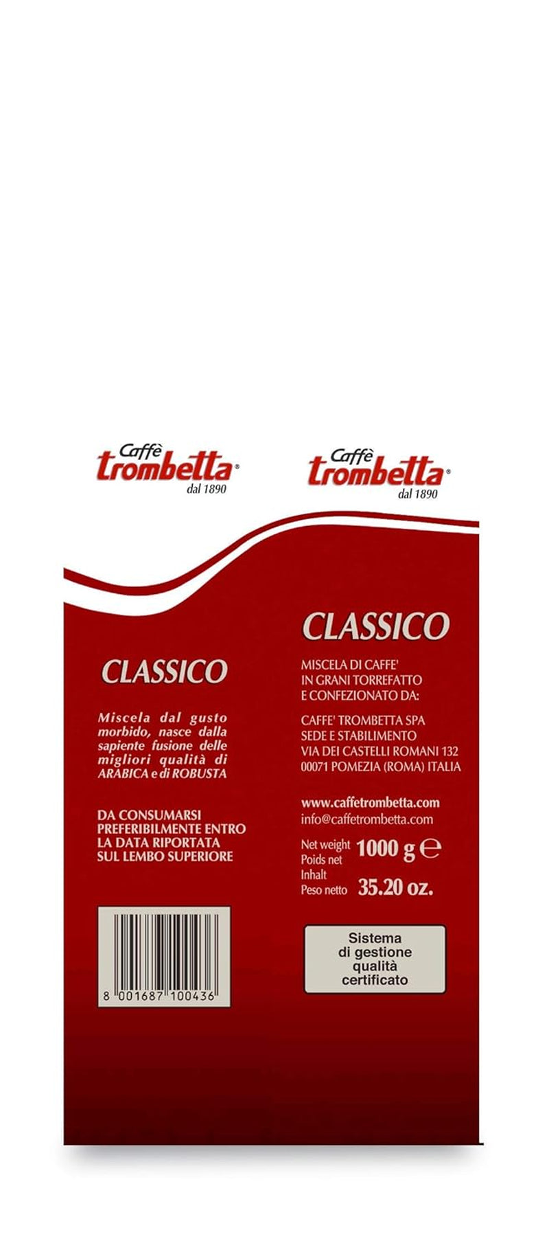 Caffè Trombetta Italien Kaffee Geröstete Kaffeebohnen, classique. Une harmonie parfaite entre deux arômes et saveurs - 1 kg