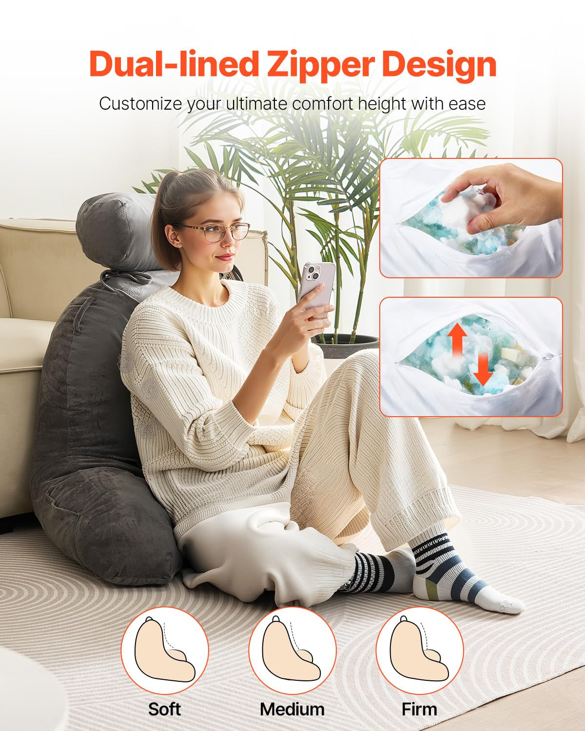 VEVOR Oreiller de lecture, oreiller de lit (grand) avec appui-tête amovible, oreiller de dos à 3 poches et tissu en velours court lavable et mousse à mémoire de forme déchiquetée, côté avec poignée, pour regarder la télévision, lire, jouer