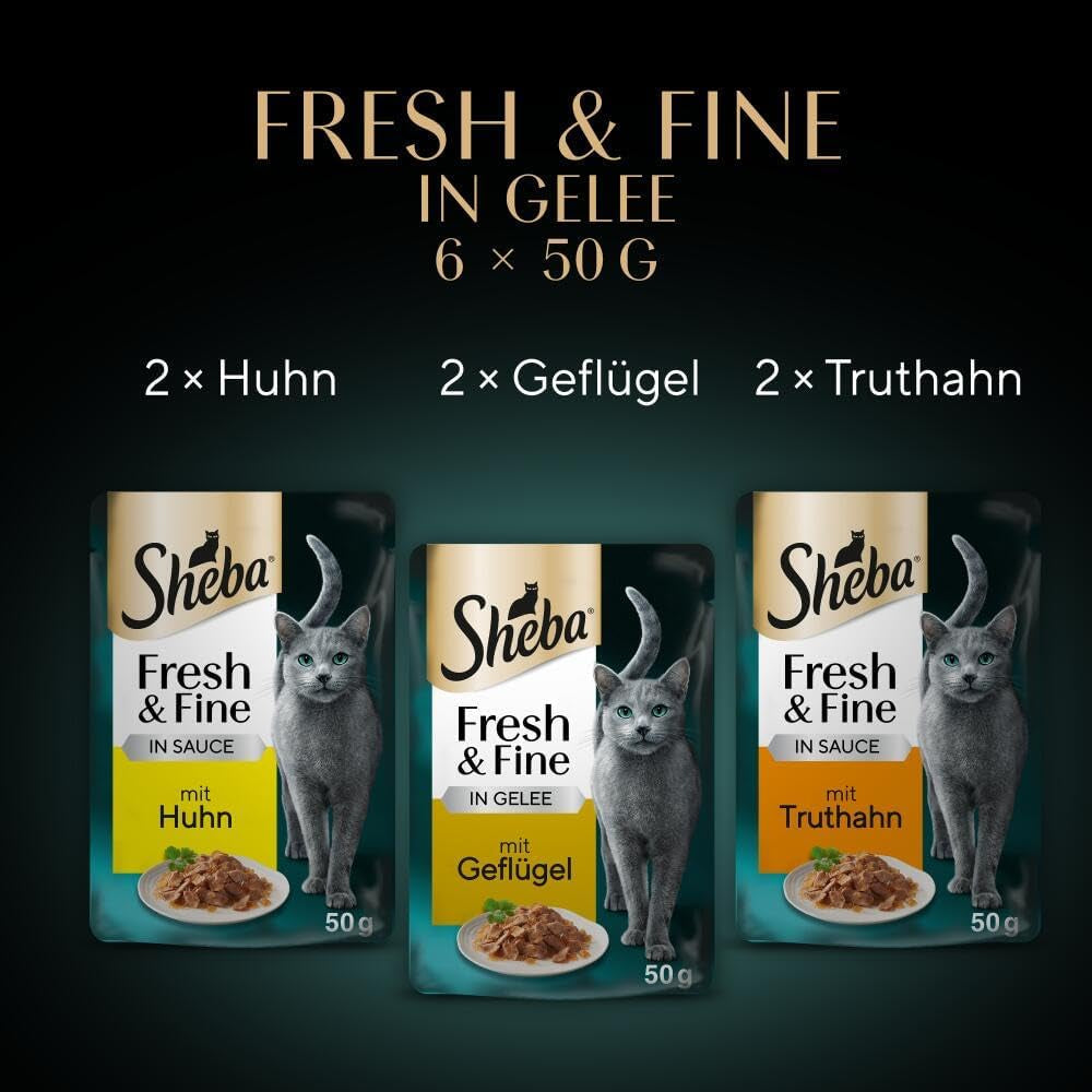 Sheba Portion Pouches Nourriture humide pour chat, paquet multiple de gelée fraîche et fine de dinde et de poulet, 6x6x50g - Nourriture pour chat de haute qualité en gelée de dinde et de poulet
