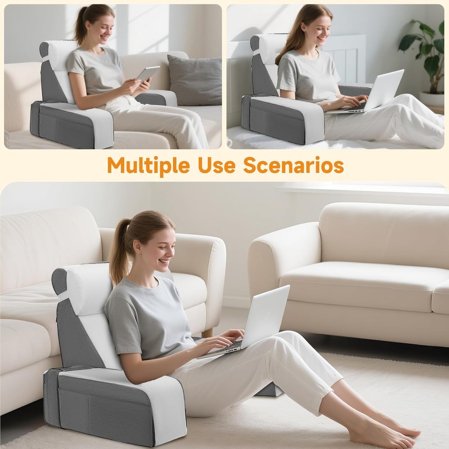 Grand coussin de lecture avec repose-nuque et accoudoirs amovibles, coussin de dossier pour lit, coussin de dos ergonomique avec bras, poche et housse lavable pour lire et regarder la télévision.