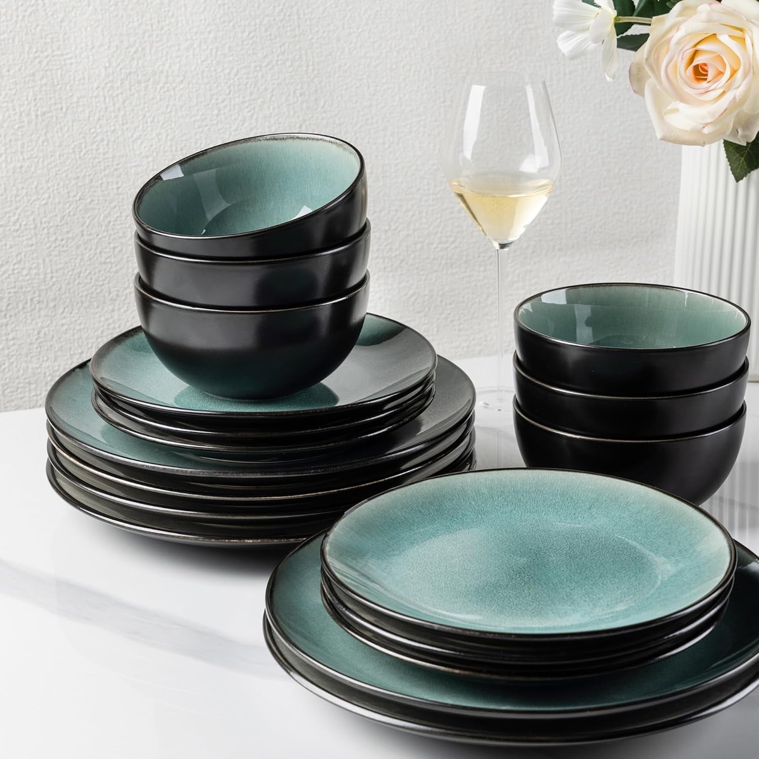 GBhome Service de table en porcelaine pour 4 personnes, 12 pièces, vernis réactif, fait à la main, passe au micro-ondes et au lave-vaisselle, ensemble de bols et d'assiettes, couleur essence GDW025WB-EU