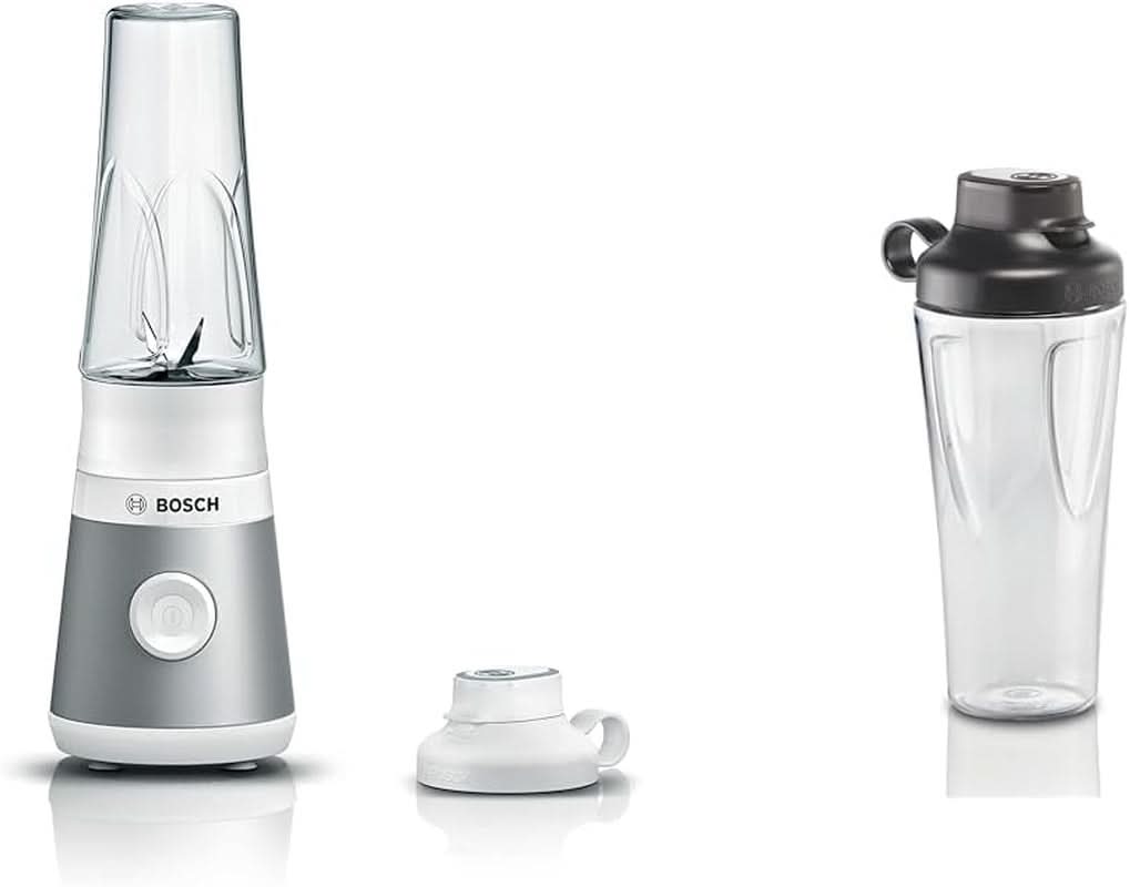 Bosch Mini-mixeur sur socle Vitapower Serie 2 MMB2111S, Mélangeur à grande vitesse, Jusqu'à 40 000 tr/min, Tritan Togo-Flasche 0,6 L, Trinkdeckel, Bruchsicher, Spülmasch.Geeignete Teile, 450W, Silber/Schwarz Kitchen Naty Shop Bundle Mit Togo-Flasche Silber / Weiß