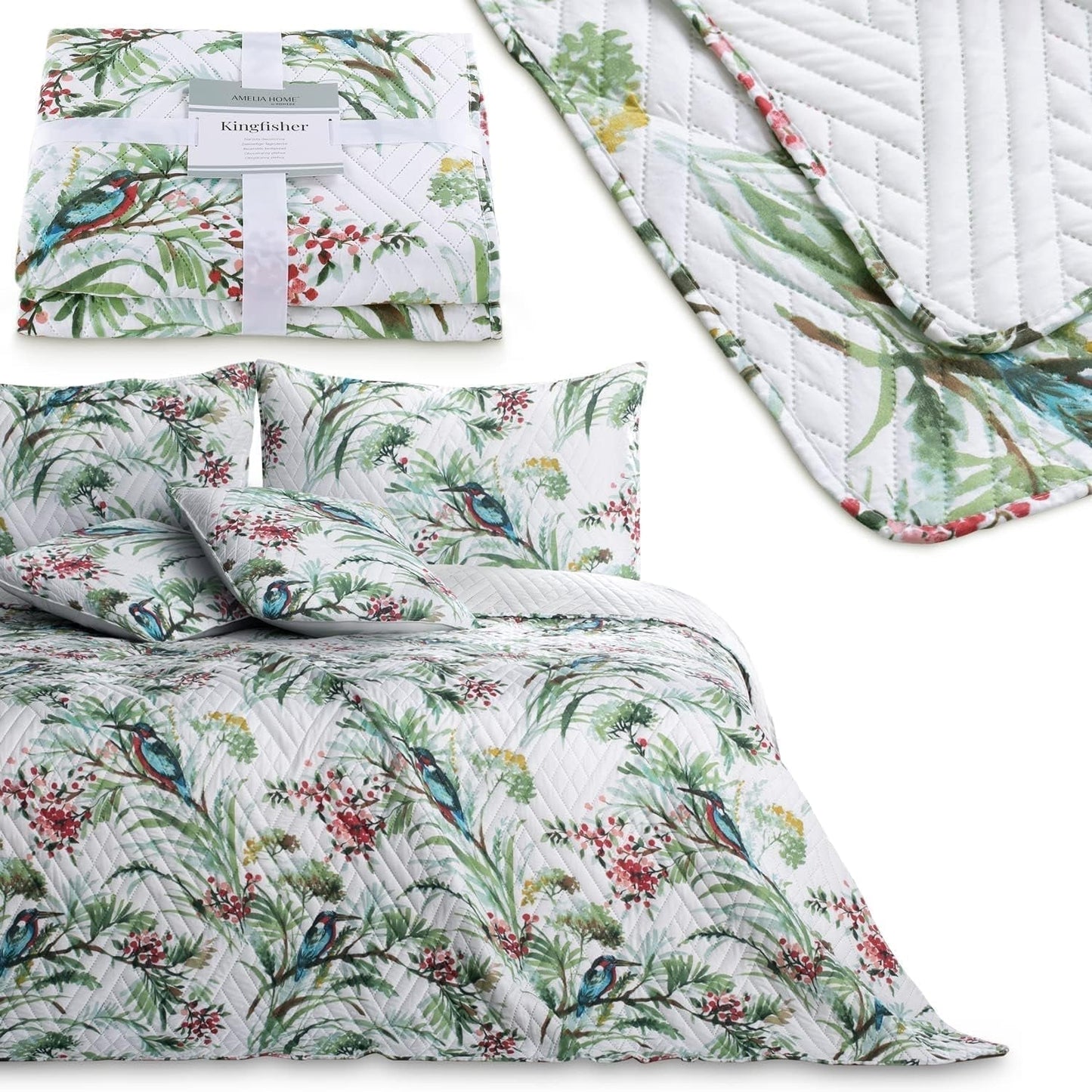 Ameliahome Couvre-lit Couvre-lit 260X280 Cm Double Face Facile d'entretien Quilting Motif Plante Motif Oiseau Multicolore Kingfisher Lits et Couvertures Besuche den AmeliaHome-Store