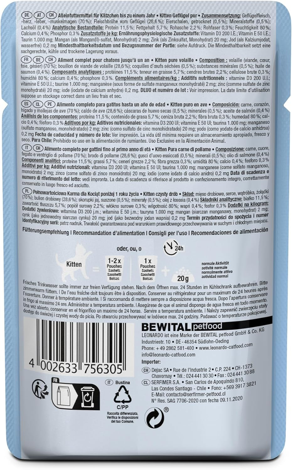 LEONARDO Fresh Pouches [16 x 85 g de nourriture humide pour chat, sans céréales] | Aliment humide complet en sachets individuels