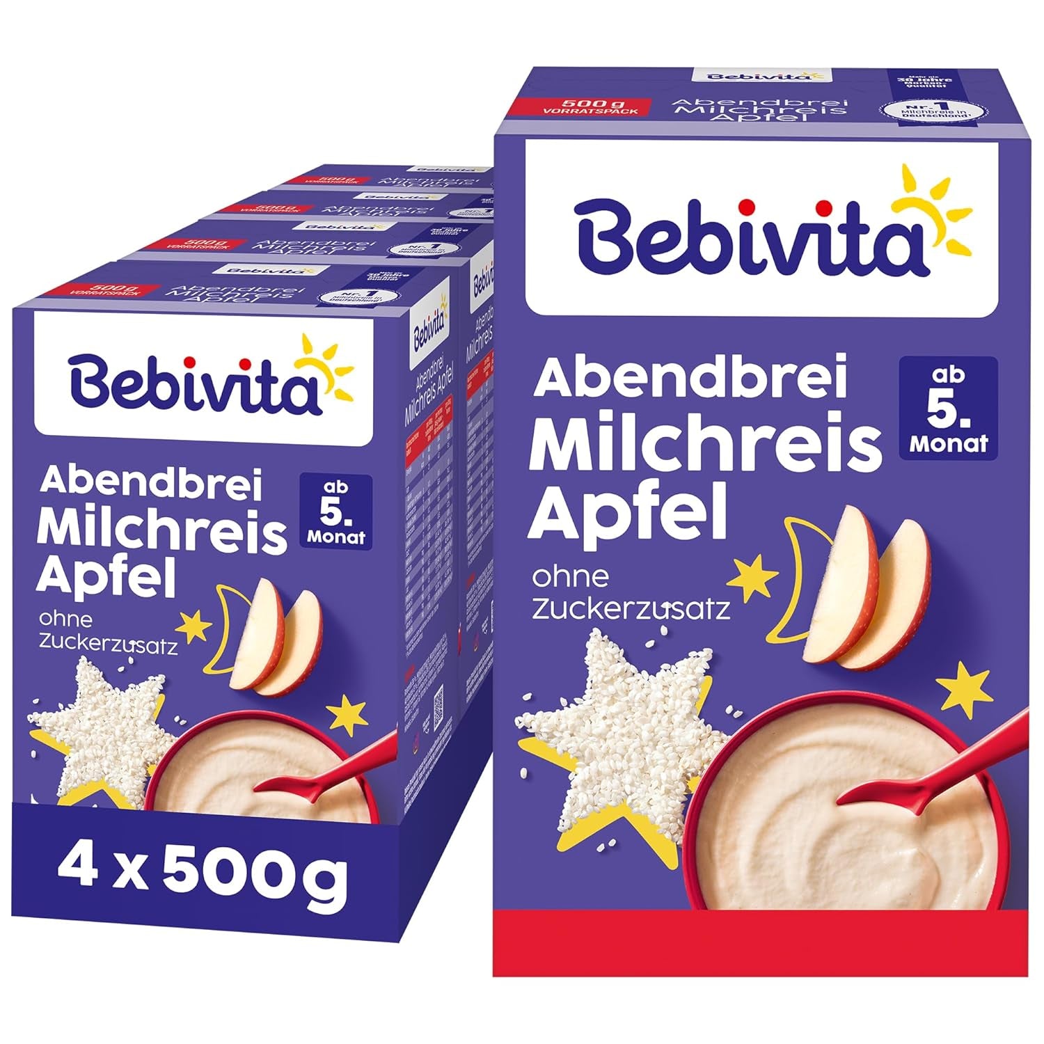 Riz au lait aux pommes et bouillie du soir (4x500g), bouillie de lait à partir de 5 mois, avec minéraux et vitamines précieux, sans sucre ajouté, très nourrissant