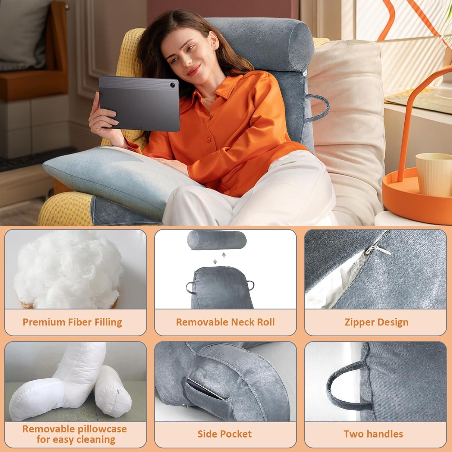 Oreiller de lecture XL pour lit et canapé avec tour de cou amovible, oreiller de dos idéal pour adultes avec mousse à mémoire de forme pour lire, travailler, jouer, regarder la télévision, se détendre (gris)