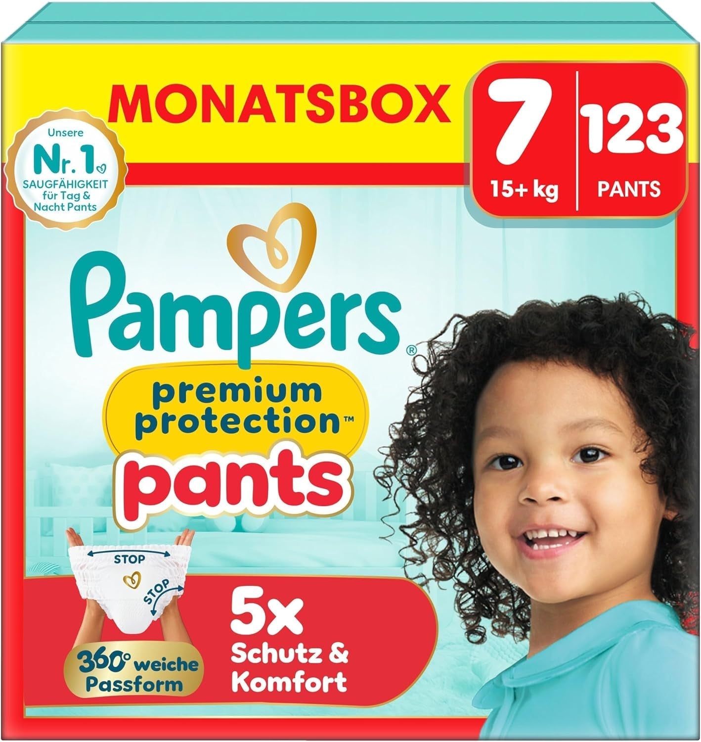 Pantalon de protection Pampers Premium Taille 7, 123 couches, 15 kg+, avec réglage à 360° et poignets anti-fuites souples pour un confort et une protection optimaux