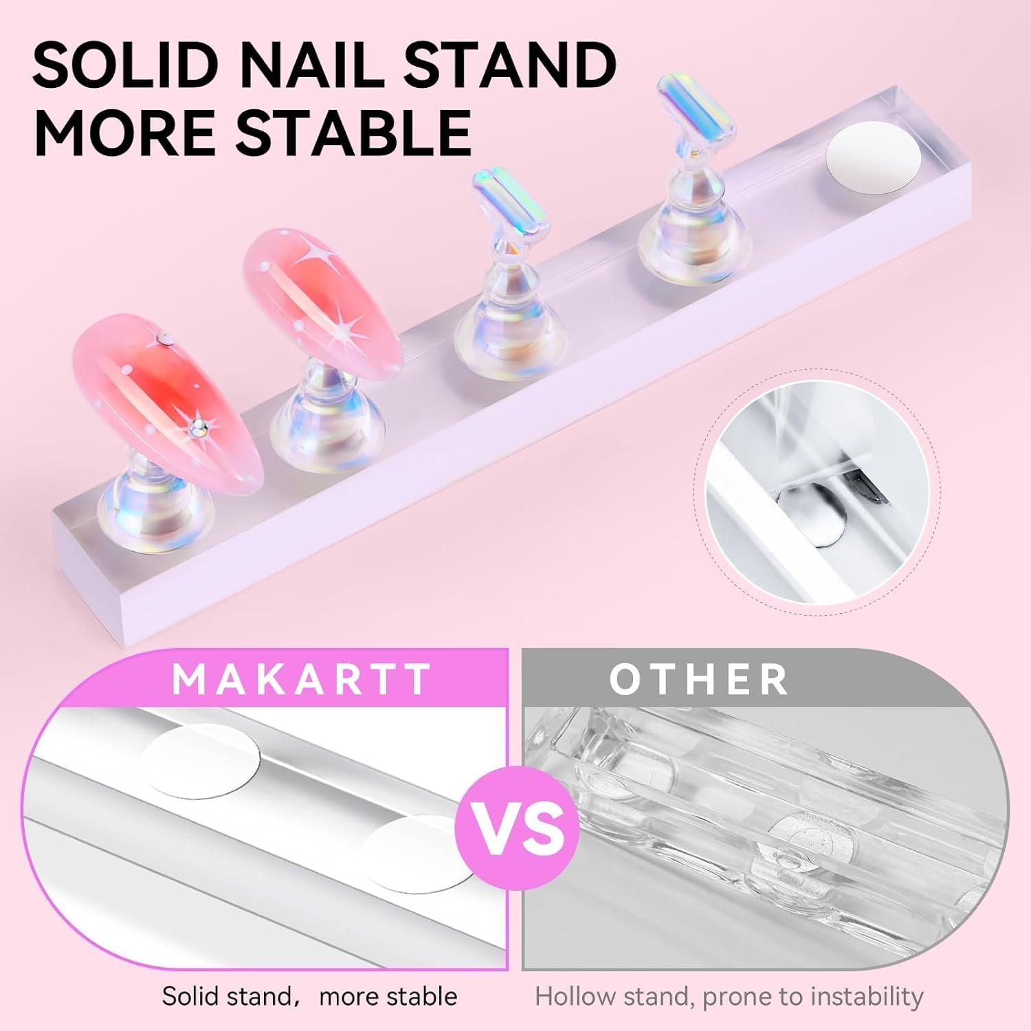 Makartt Porte-ongles en acrylique, Porte-ongles magnétique, Porte-ongles, Porte-ongles rose transparent avec 48 mastics adhésifs