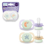Philips AVENT Ultra Start Night Sucette, Sucette orthodontique pour nouveau-nés, Brille dans le noir, Sans BPA, avec récipient de stérilisation, Lot de 2, Lune, Étoile, SCF075/07