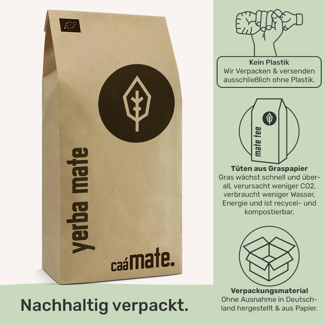 Thé Yerba Mate BIO 1 kg ● Original ● Mûr ● Non torréfié ● Séché à l'air ● Sans fumée ● Sans plastique ● Commerce équitable ● Thés maté à base de feuilles de maté, de morceaux de maté et de poudre de feuilles de maté ● DE-ÖKO-006