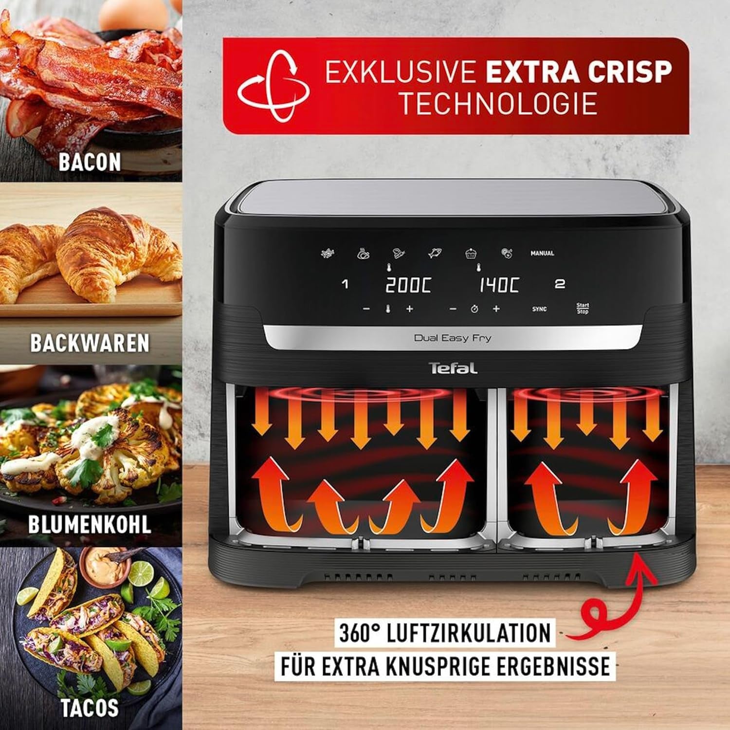 Friteuse à air chaud Tefal Dual Easy Fry avec deux chambres, capacité 5,2/3,1 litres, deux tiroirs indépendants, 7 programmes Électroménager Naty Shop