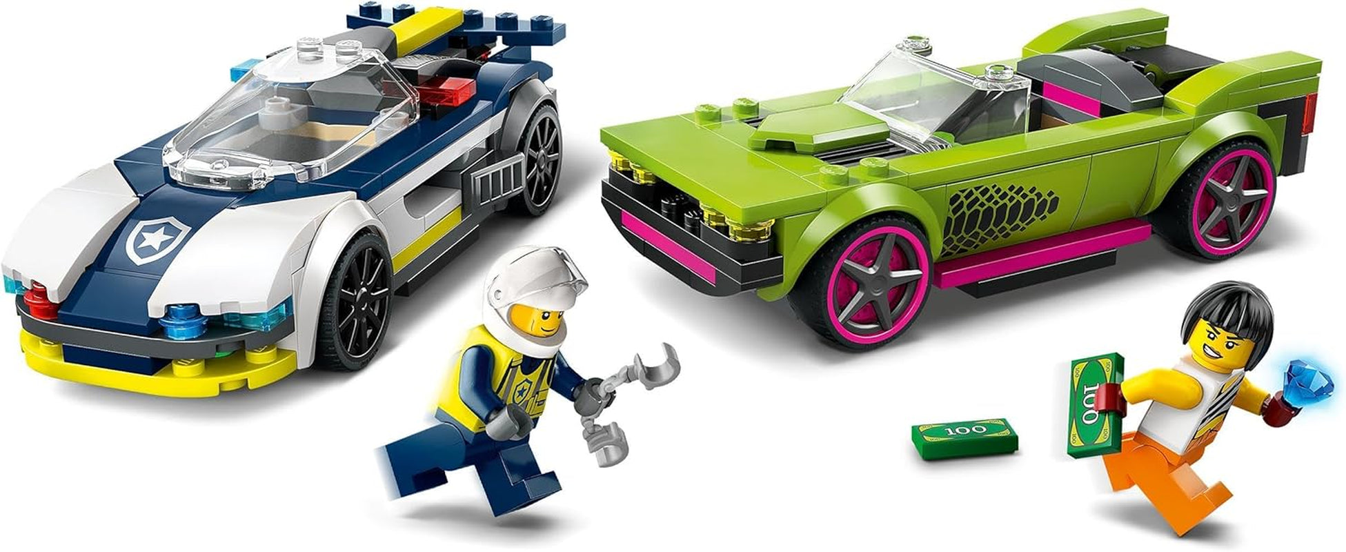 LEGO City Car Chase avec voiture de police et muscle car, train jouet avec 2 voitures de course, cadeau de police pour enfants, garçons et filles à partir de 6 ans, set avec policier et figurines Ganovin 60415 Jeux de construction Besuche den LEGO-Store