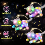 Chat en peluche musical à LED, jouet chantant léger, mère chat avec 3 chatons dans le ventre, berceuse animée, jouet apaisant pour mères, enfants, petites filles, arc-en-ciel, 45 cm