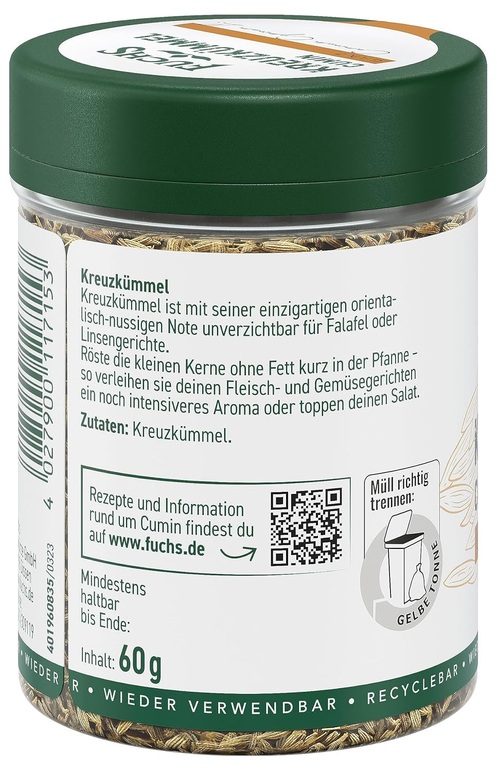 Fuchs Gewürze - Kreuzkümmel ganz - orientalisch-nussige Note für Falafel und Linsengerichte - ingrédients naturels - 60 g en dose variable, recyclable