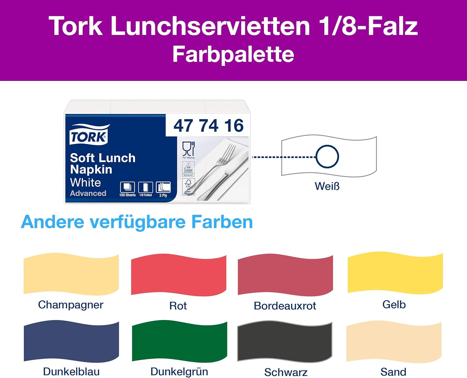 Serviette de table Tork Soft blanche, pli 1/8, 3 épaisseurs, 33 cm × 33 cm, 150 serviettes, 477416