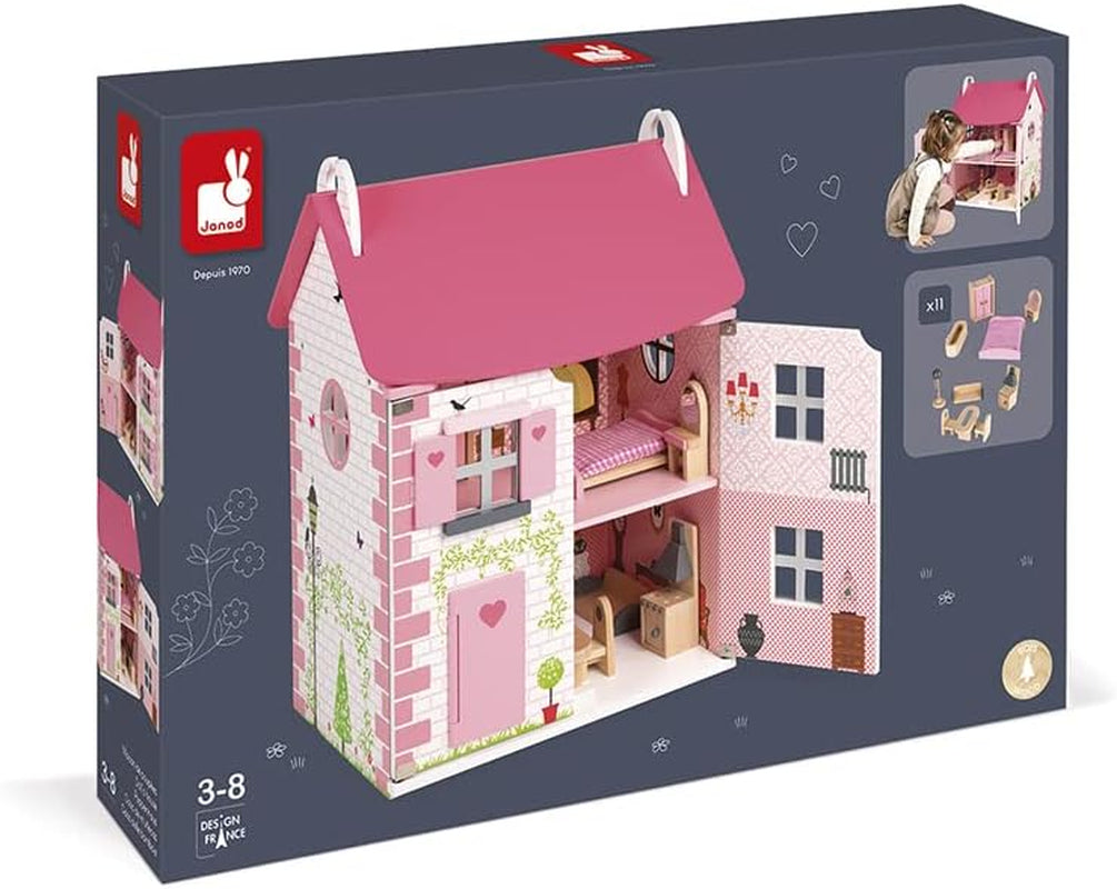 Janod - Maison de poupée en bois Mademoiselle, 3 étages et 11 accessoires, réplique de jouet, développe l'imagination, à partir de 3 ans, J06581, rose Naty Shop Dollhouses